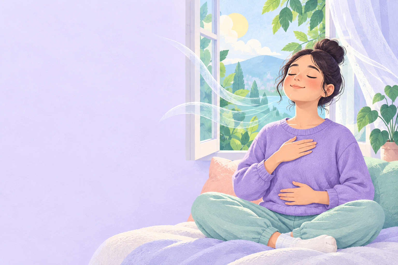 A student calmly practicing deep breathing near a window