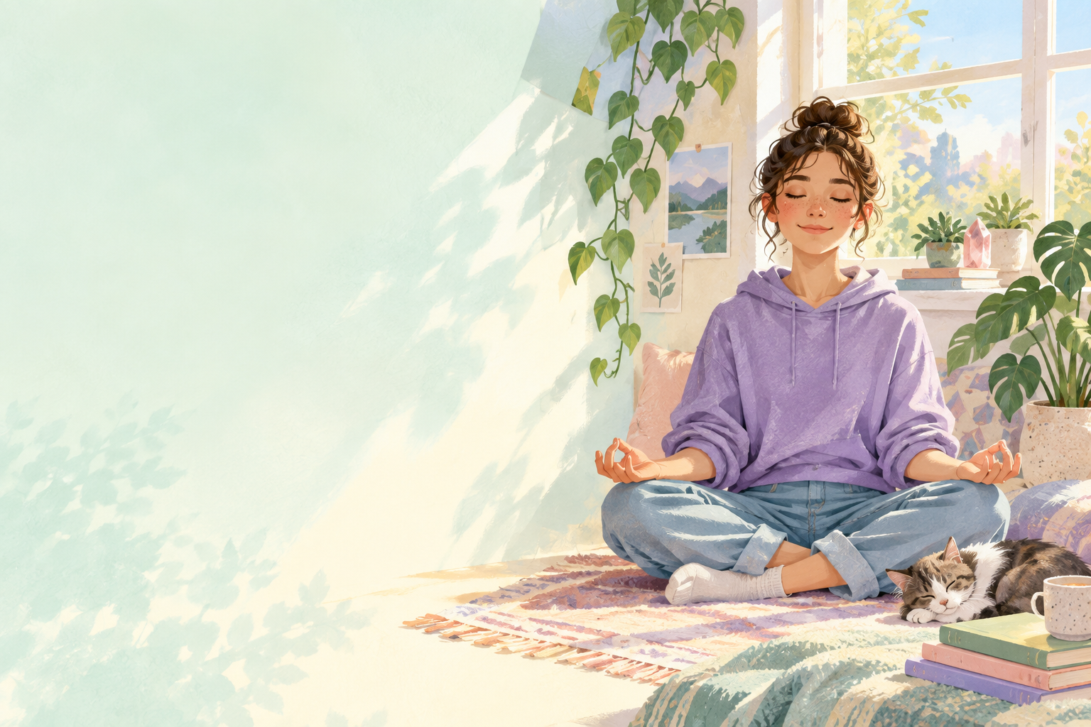 A student meditating peacefully by a sunny window
