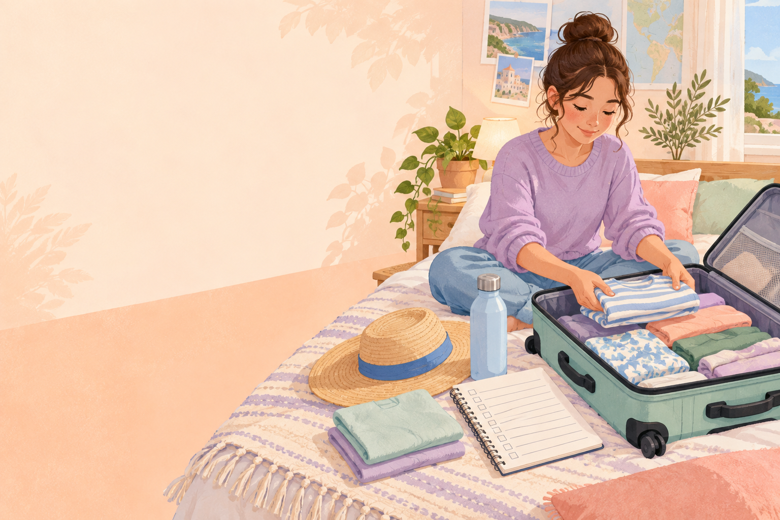 A student calmly packing a suitcase beside a checklist